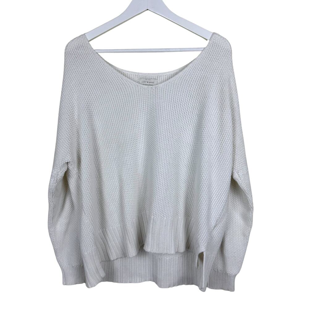 Lucky Brand Sweater Top White Knit Scoop Neck Ribbed Edges Bohemian L
